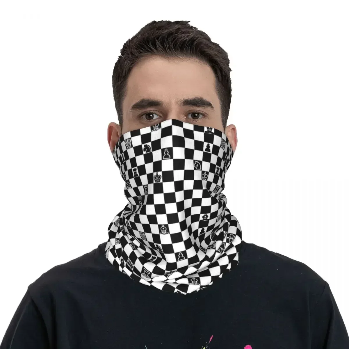 Board Game Chess Figures Checkered Magic Scarf Accessories Neck Gaiter Black and White Checkboard Bandana Scarf Multi-use Riding