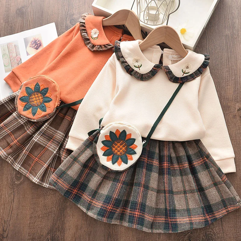 

Autumn and Winter Girl Outfits Flower Embroidery Knit Long Sleeved Pullover+Plaid Skirt+Sunflower Bag 3PCS For 3-8Y Kids Clothes
