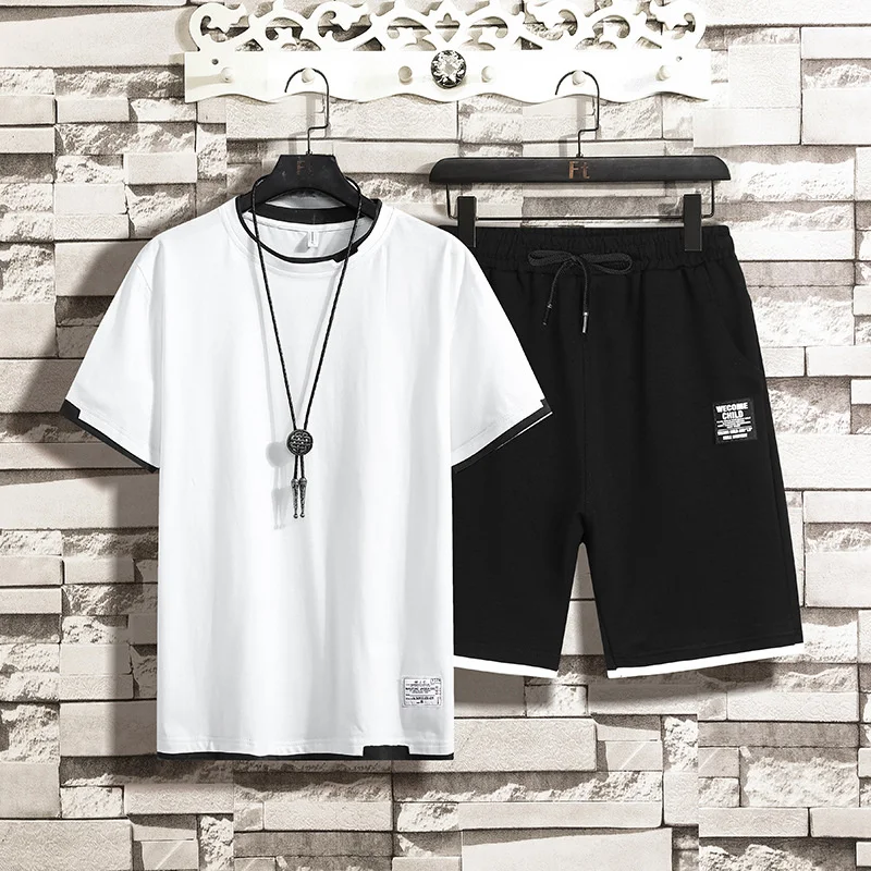 Summer Men Cotton Short Sleeve T-shirt And Shorts Two Piece Set Luxury Korea Fashion Tracksuits