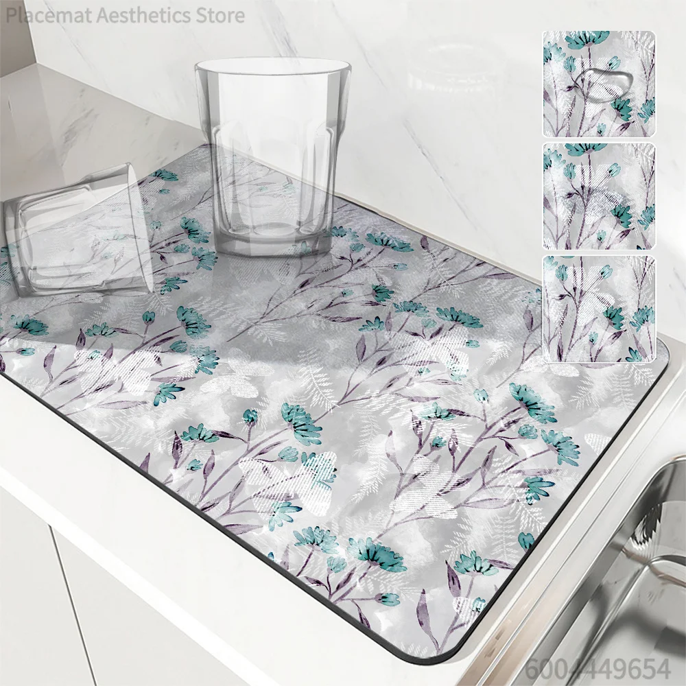 Daisy Rose Floral Print Super Absorbent Drying Mat Waterproof Kitchen Counter Drain Pad Decor Placemat