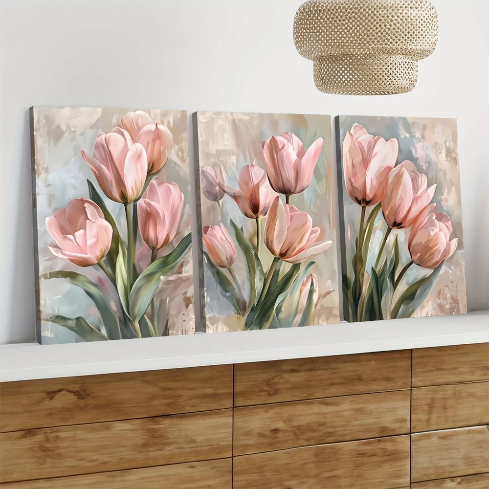 3 Pieces of Modern Minimalist Pink Tulip Canvas Decorative Paintings with Nordic Style Living Room, Bedroom, Entrance Wall Art 2