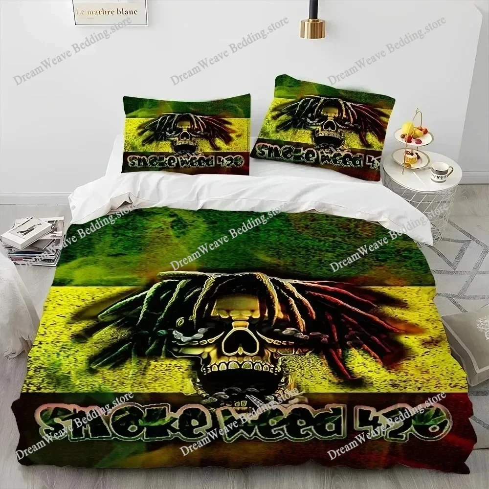 Maple Weed Plant Green Death Skull Smoke Bedding Set Duvet Cover Bed Set Quilt Cover Pillowcase Comforter King Queen Size 4