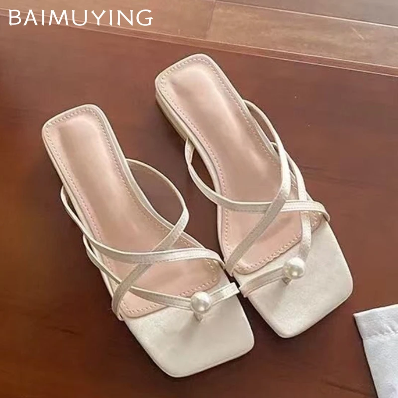 

Bead Clip Toe Women Slippers Square Toe Mid Heels Shoes Elegant Sandals Pumps Fad New Slides 2025 Summer Designer Flip Flops
