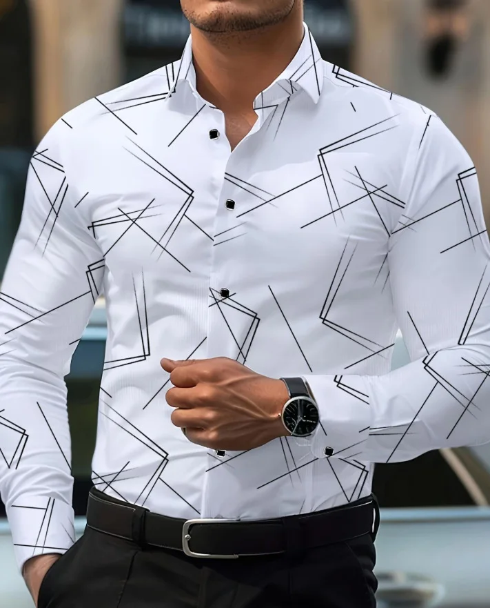 New Men's Natural Color 3D Printed Shirt Men's Lapel Long Sleeves Comfortable Breathable Business Fashion Casual Vacation Top