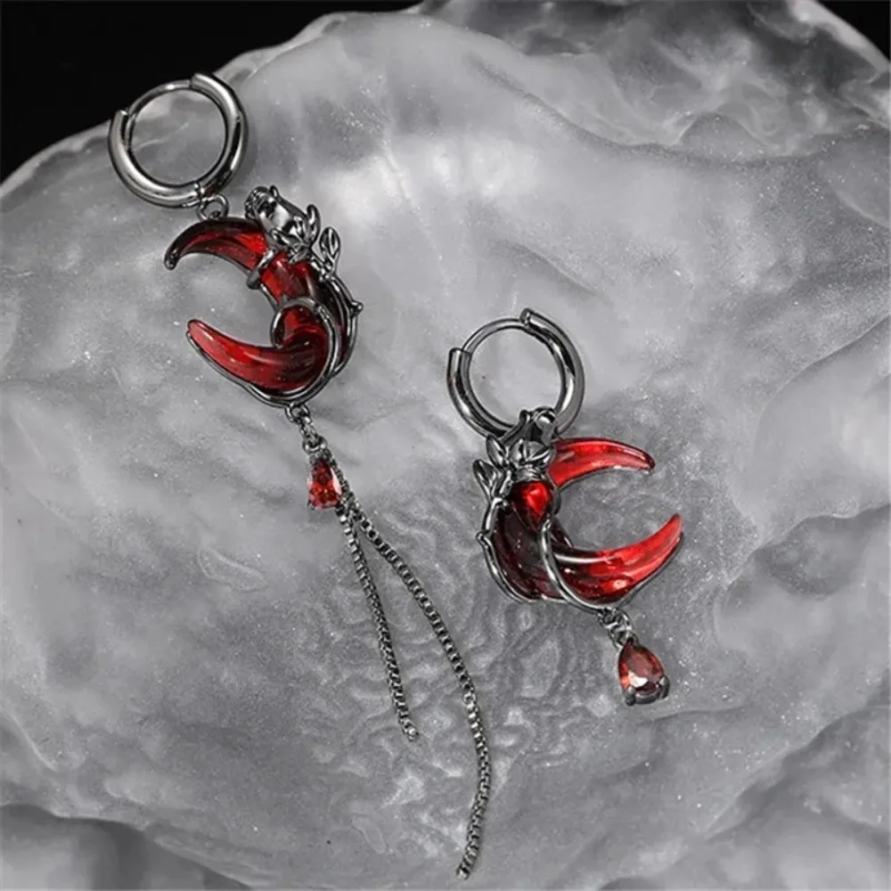 Asymmetry Red Moon Rose Earrings Women European American Style Personality Crystal Drop Pendant Earrings
