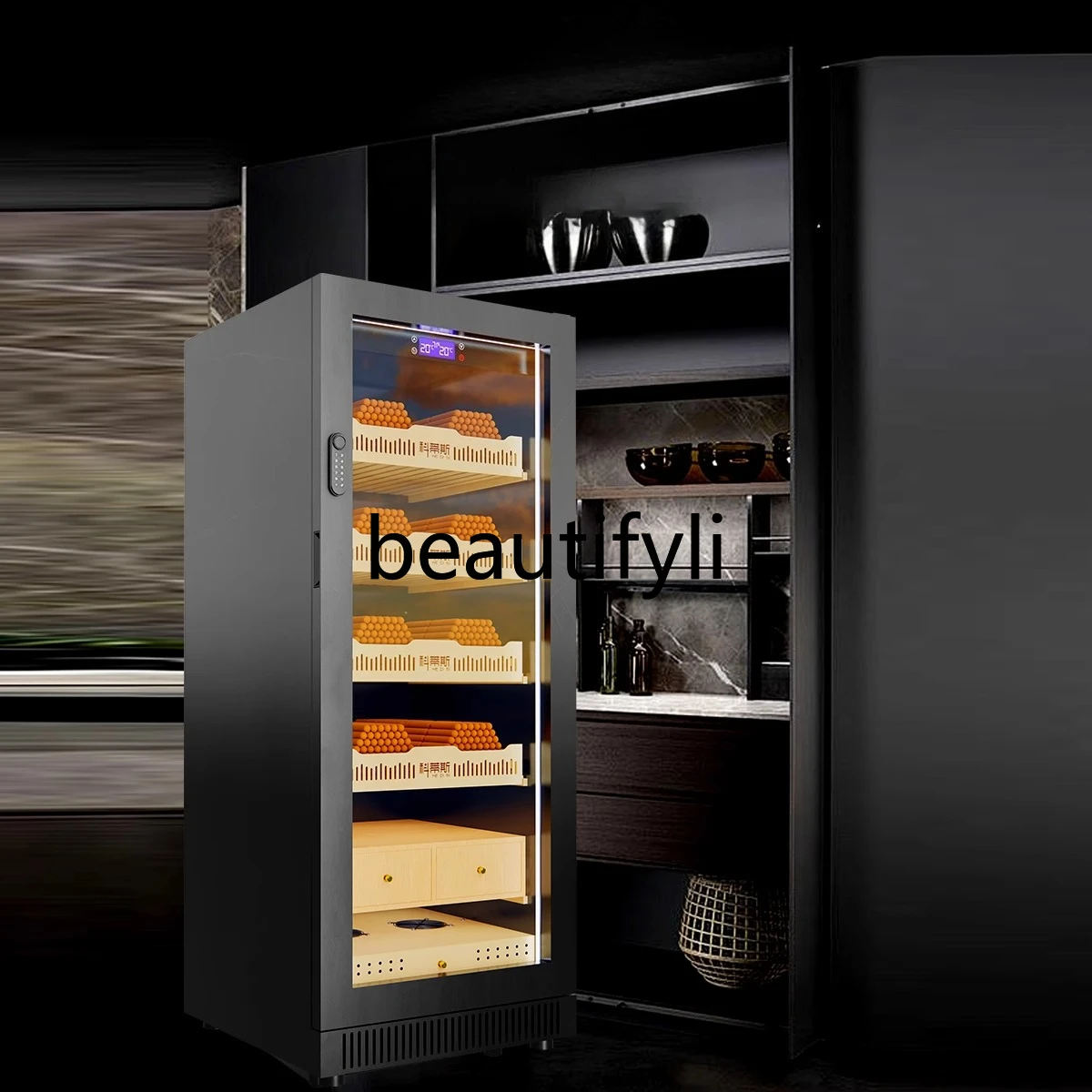 

Fingerprint Lock Four Seasons Constant Temperature and Humidity Compressor Air Cooling WIFI Ammonia Removal Naked Cigar Cabinet