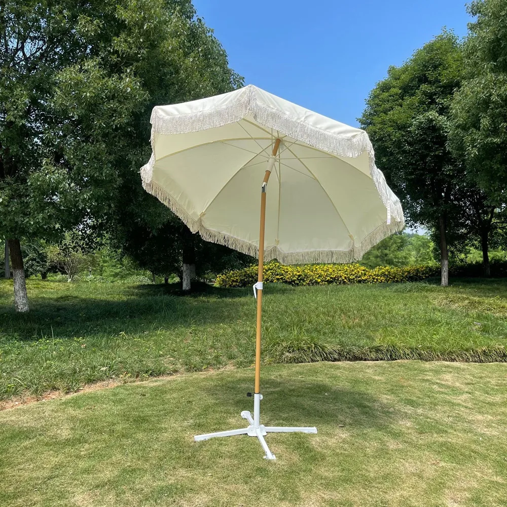 Outdoor Beach Fringe Umbrella with Base Vintage Bohemian Sun Protection Parasol  Garden Pool Beach Button Tilt Sunshades