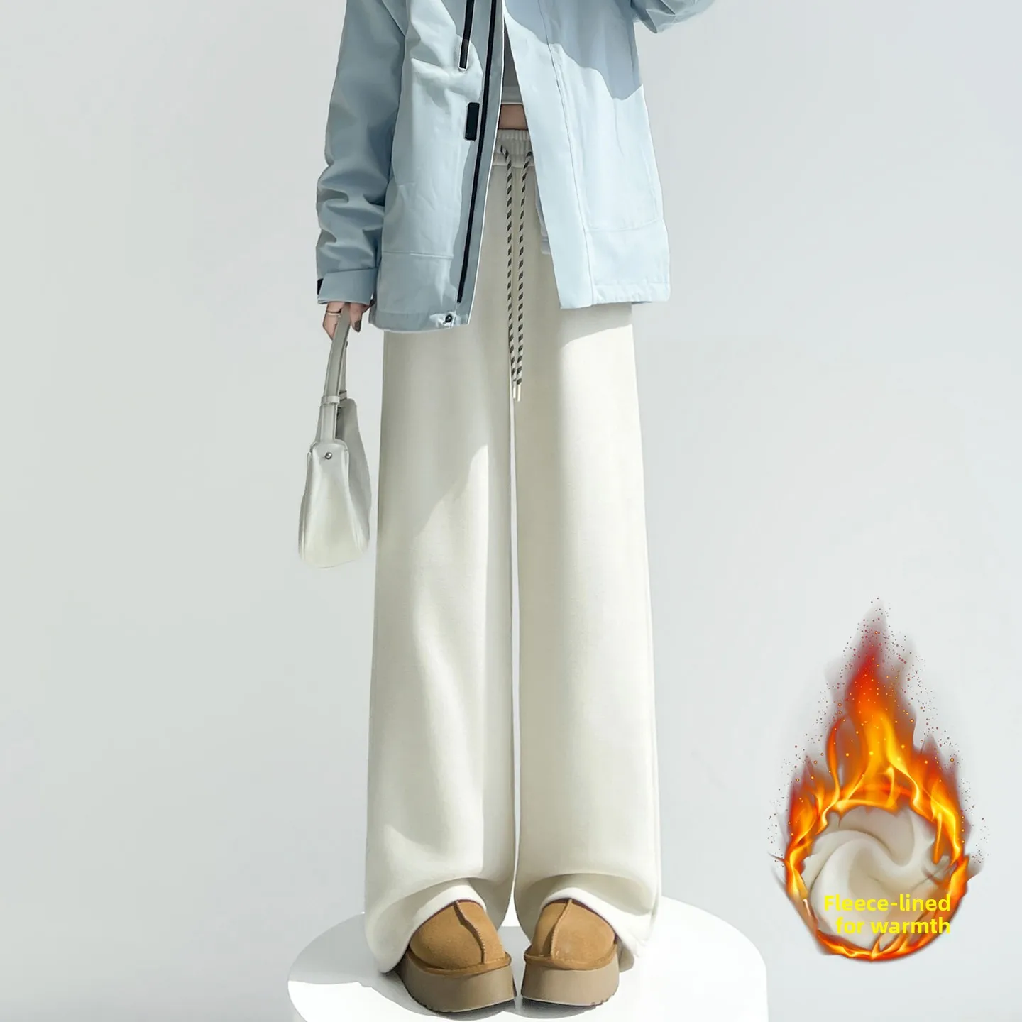 High Waist Wide Leg Pants Women's Fce Lined Camere Loose Fit Casual Straight Leg Floor Length Trousers Korean Sle