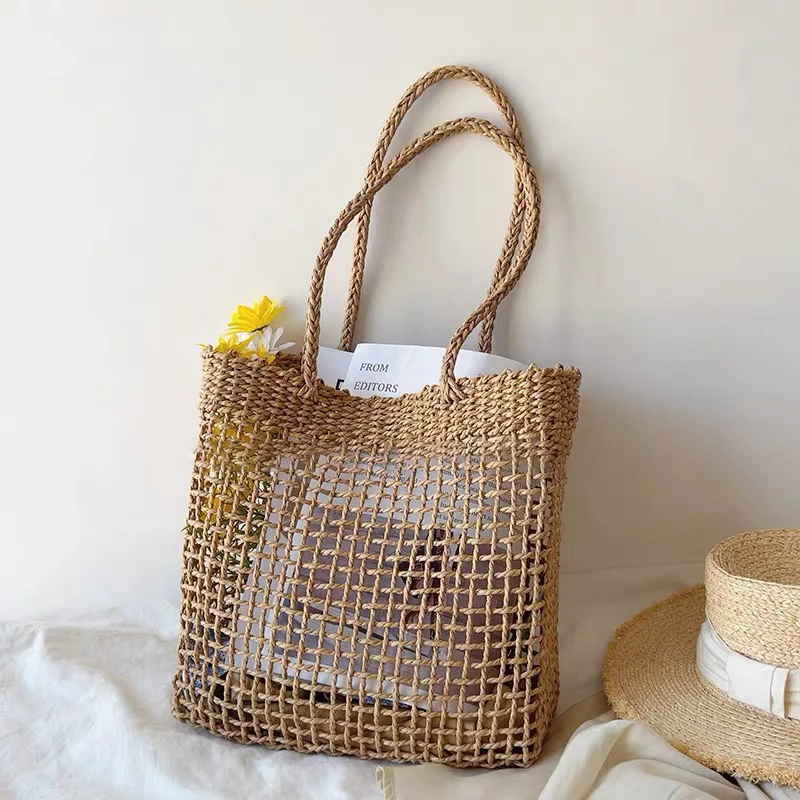 Ins Straw Woven Beach Bag Vacation Travel Beach Retro Korean Women Hollow Shoulder Bag Hand Woven Large Capacity Chic Tote