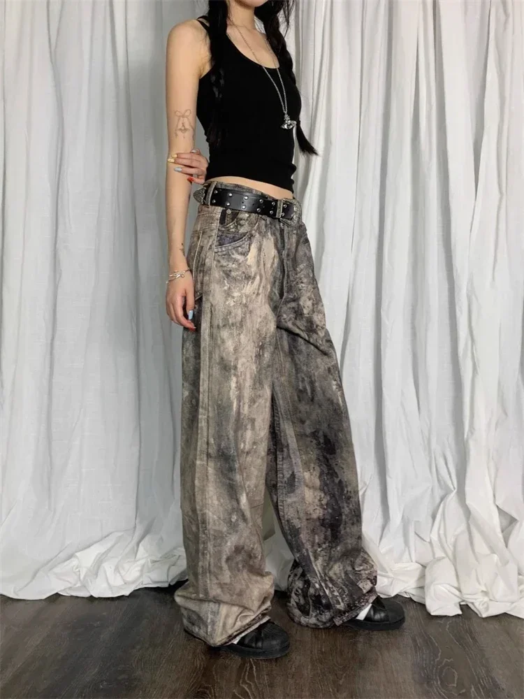 Women's Asymmetric Dirt Staining Unisex Pants Wide Legs Jeans Young Girl Street Bottoms Female High Waisted Denim Trousers