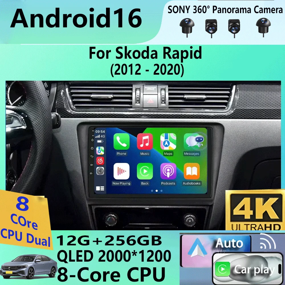 

Автомагнитола Carplay Auto Android 16 для Skoda Rapid 2012-2020, мультимедийная система с 4G, Wi-Fi, GPS, стерео, видеоплеер, DSP
