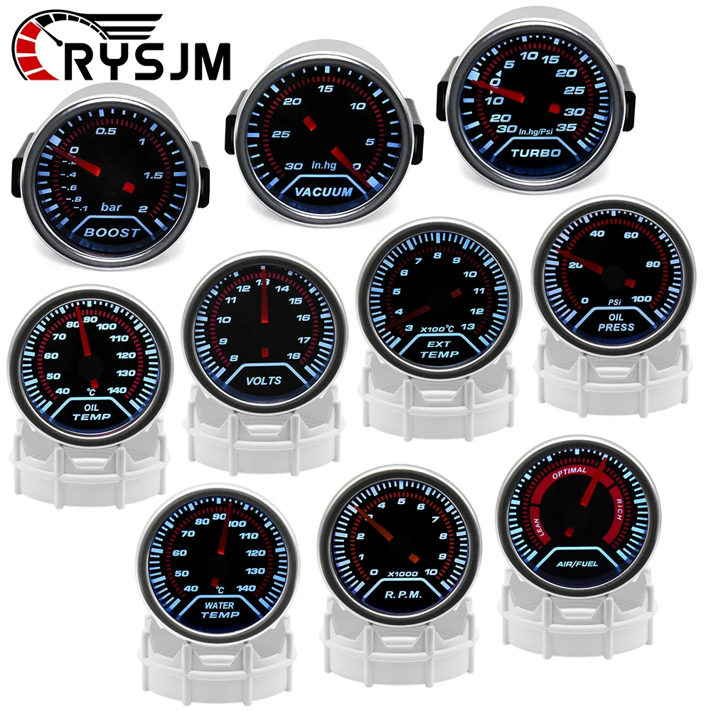 Manómetro de Carreras de 52mm con LED de 12V y Lente Ahumada -1~0~2 BAR, Medidor de Presión de Turbo, Temperatura del Agua, Presión del Aceite, Voltímetro y Relación Aire-Combustible para 12V