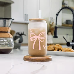 16oz High Borosilicate Drinking Glass Can With Bamboo Lid&Straw Pink Bow Custom Pattern Printed Glass Bottle For Girl Gifts