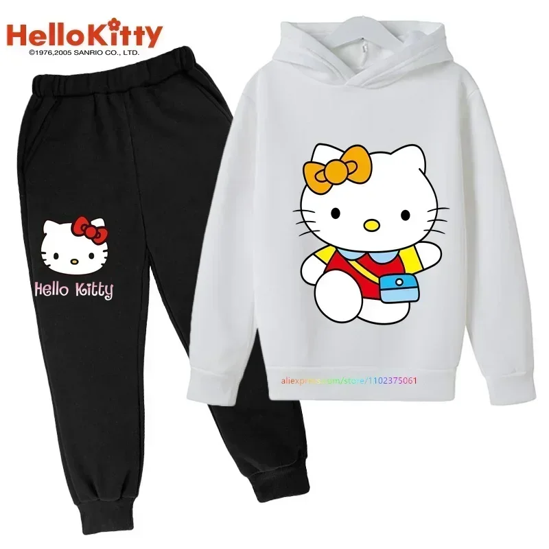 Toddler Kids Baby Cartoon Graphic Boys Hello Kitty Hoodie Set Long-Sleeved Round Neck Harajuku Print Hoodies Long Pants Suits