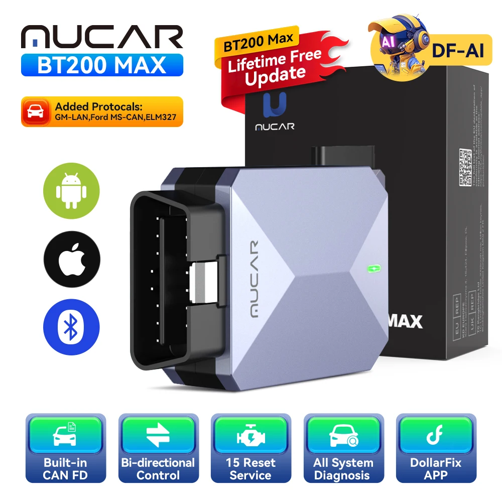 MUCAR BT200 MAX Scanner OBD2, outils de diagnostic complets du système AI, 15 fonctions de réinitialisation, mise à jour gratuite à vie, scanner Mucar, protocole ELM327 CANFD