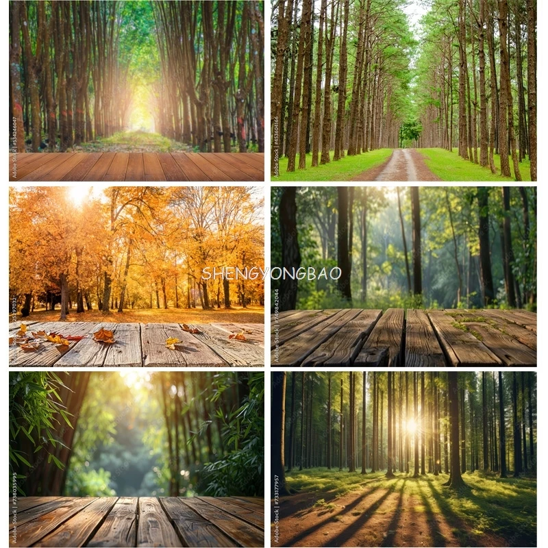 

Empty Wooden Flooring On Green Forest Photography Backdrops Props Morning Sunshine Nature Landscape Summer Background ZL-05