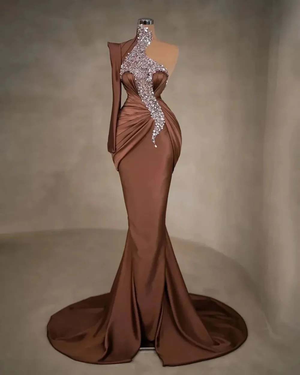 Robe de Soirée Longue et Luxueuse en Satin à Paillettes, Tenue de Bal à Manches sulf, avec Traîne