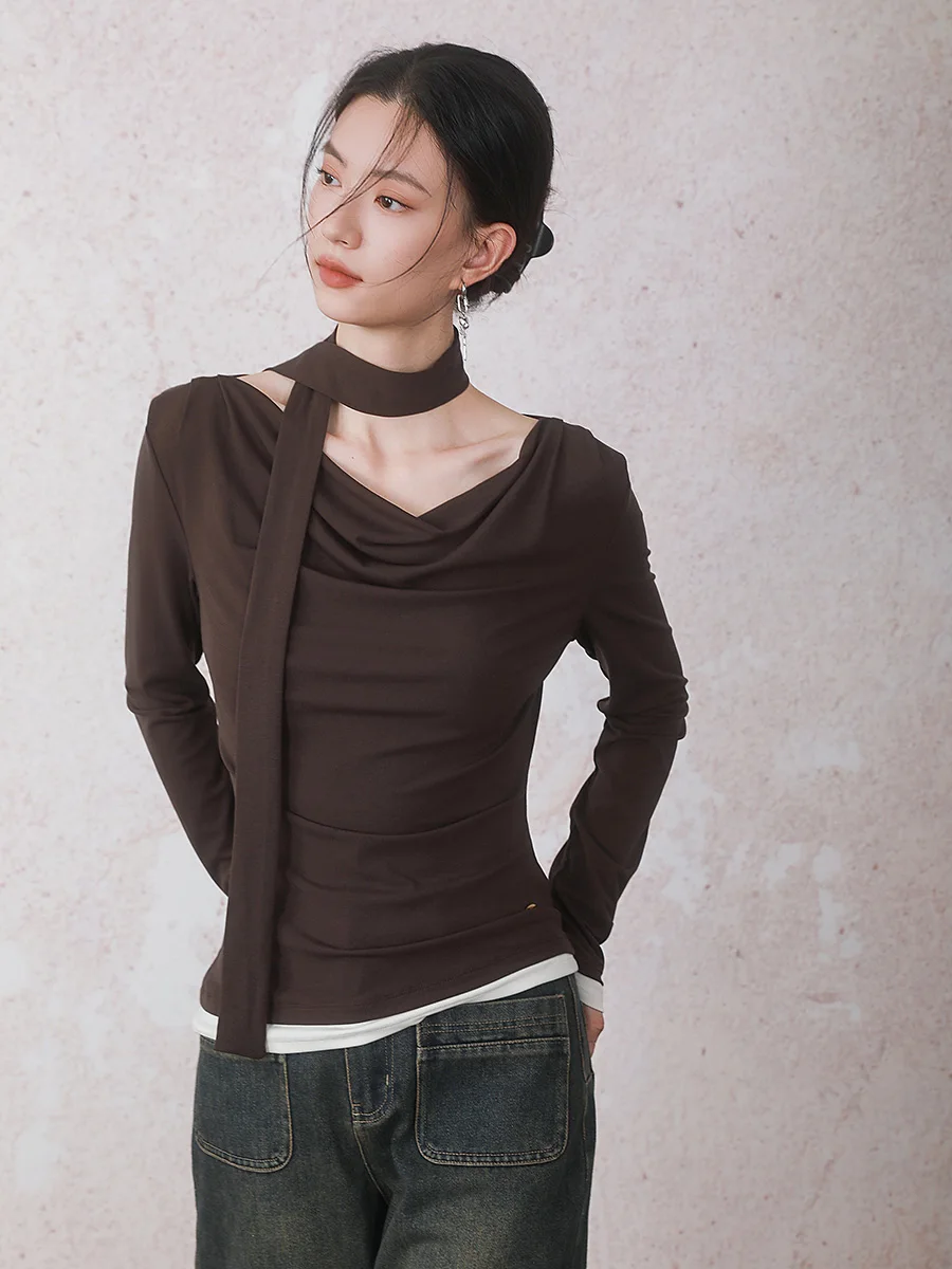 

Женская футболка INGKO с круглым вырезом и имитацией двухслойности, коричневая, с длинным рукавом, приталенная, Cleanfit Sle