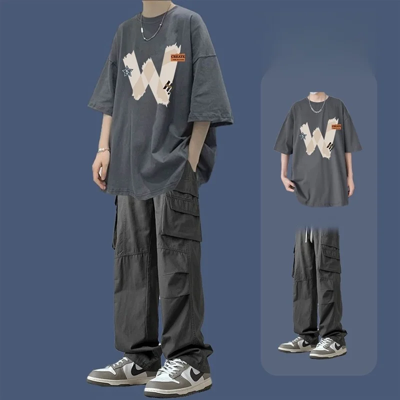 

Повседневный летний мужской комплект: стильная футболка с коротким рукавом и брюки, модный спортивный костюм для подростков