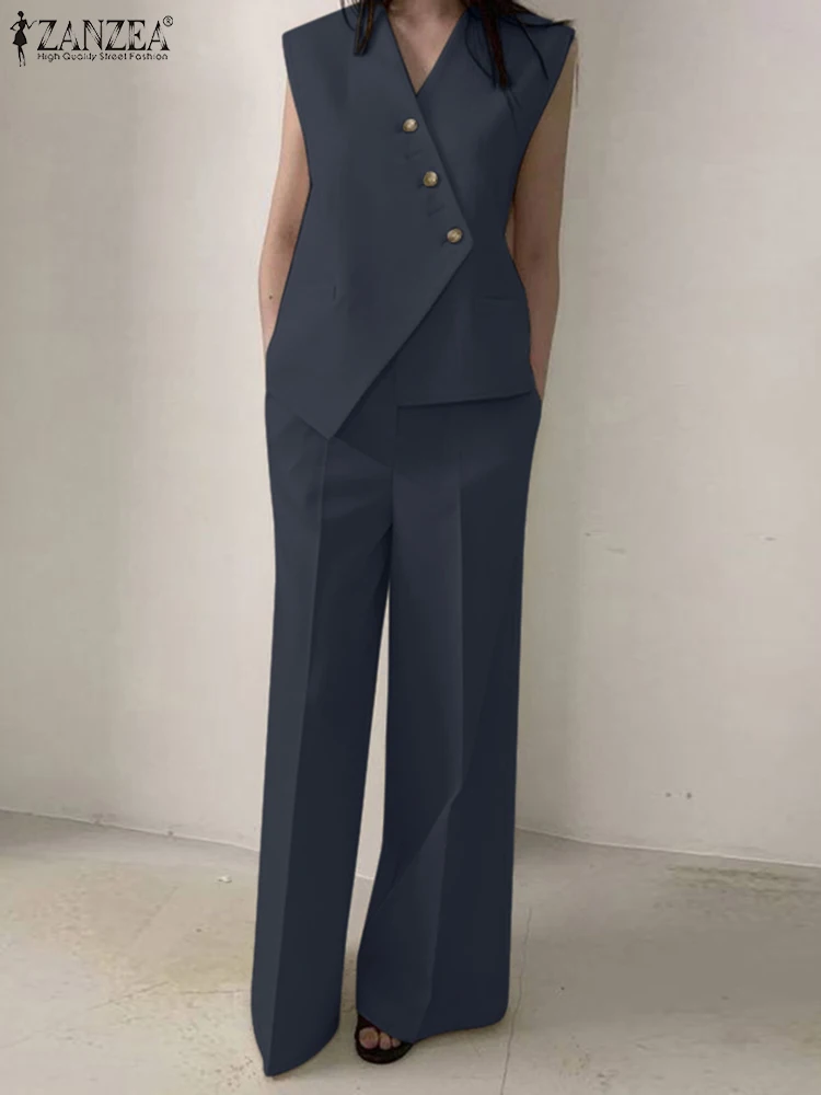 

ZANZEA Women Office Lady 2pcs Suit Irregular Vests Top Commute Fashion Casual Streetwear Pant Sets Wide Leg Trouser 2-Piece Sets