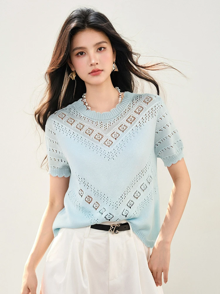 2025 夏の花の刺繍薄型中空アウトプルオーバーセーター女性のヴィンテージ O ネック半袖 Tシャツ多用途ニットトップ