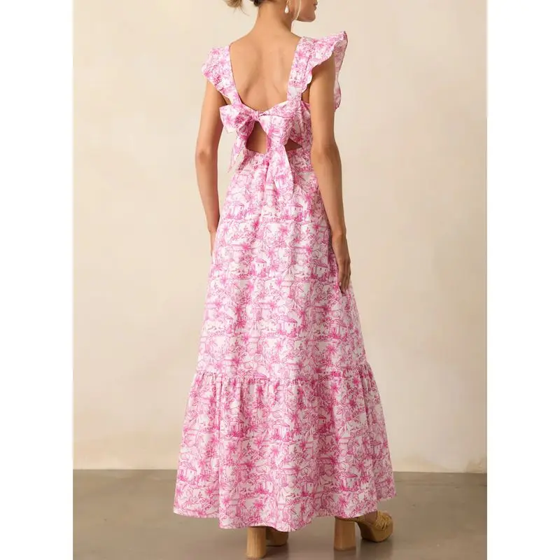 Combhasaki Donna Estate Ruffle Fly Manica Increspato Scollo a V Stampa floreale Grande fiocco legato Ritaglio senza schienale Flowy Swing A-line Abito lungo