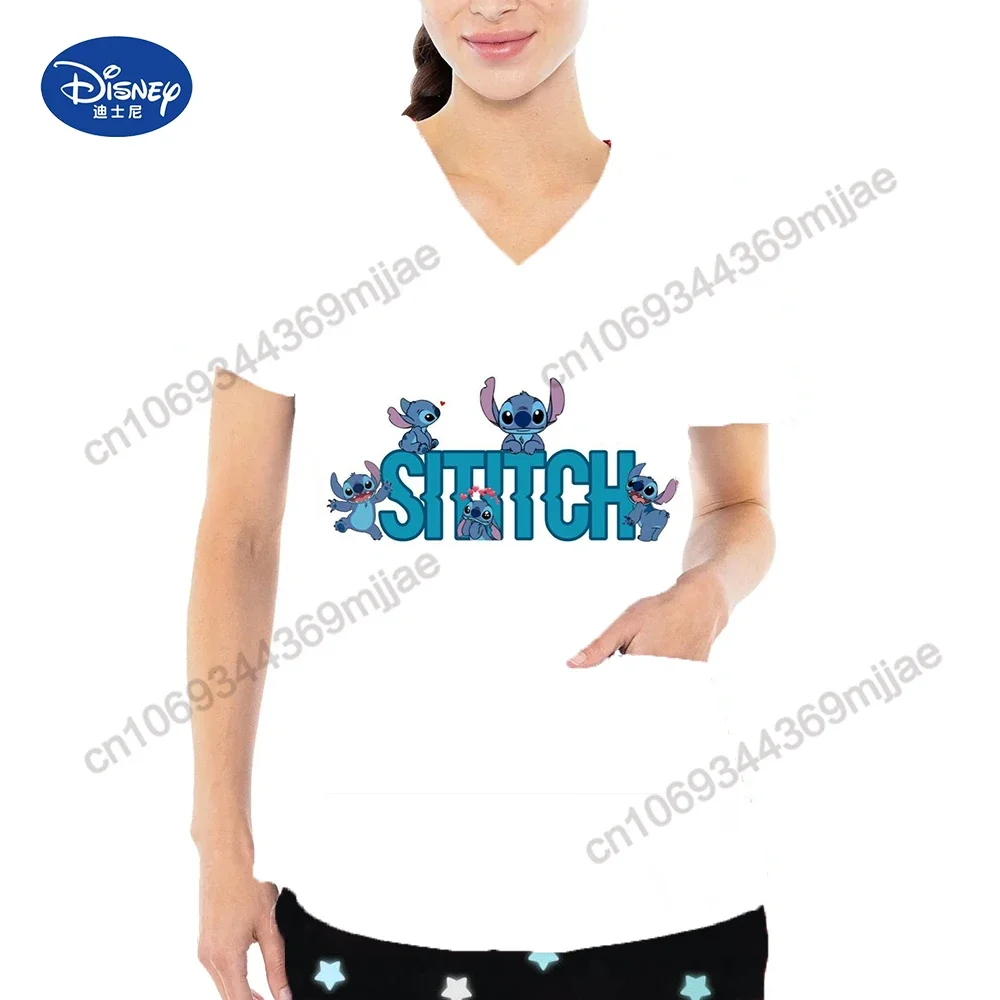 Casual and comfortable short sleeve women's Disney cartoon style women's double pocket V-neck popular T-shirt new nurse uniform