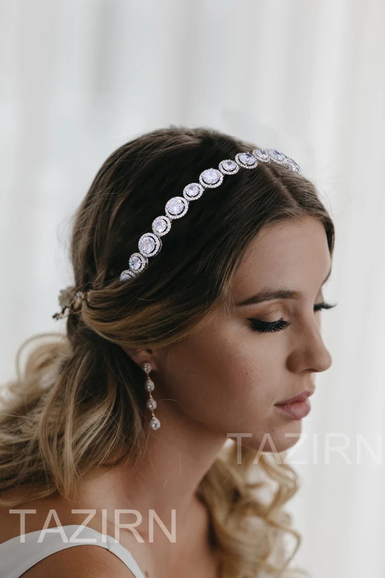 New Cubic Zirconia Wedding Bride Headband Princess Bridal CZ Pearls Extended Perimeter Tiaras Sweet 16 Birthday Party Headpiece