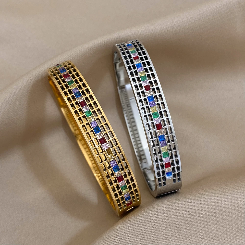 Freetry Hollow Multicolor Zircon Stainless Steel Bangles for Women Stylish Rainbow Rhinestone Bracelets Waterproof Jewelry Gifts