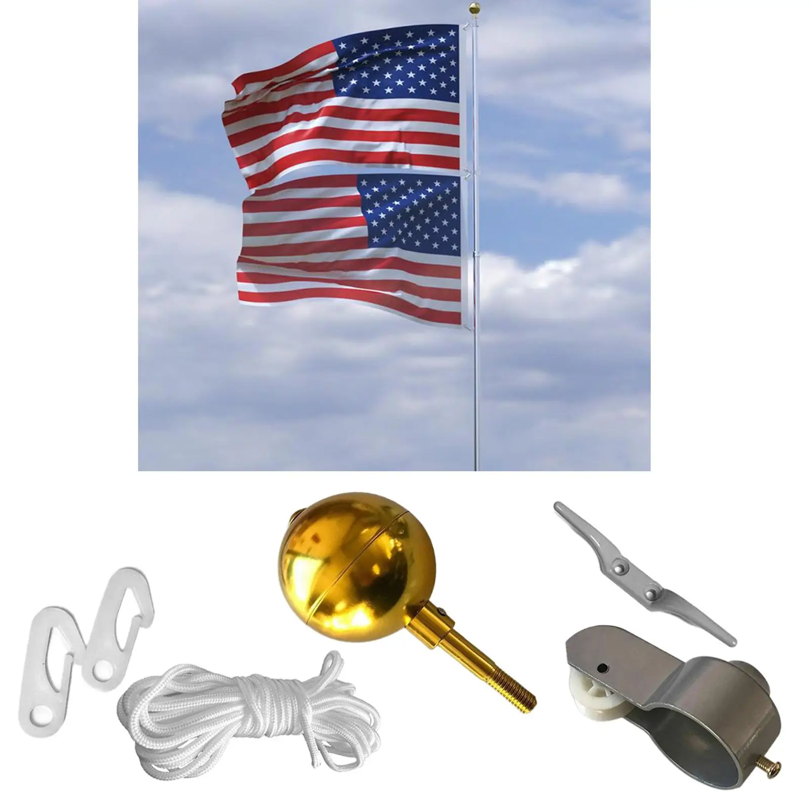 Garden Flagpole Hardware Golden Topper Ball Halyard Cord 4 Snap Hooks