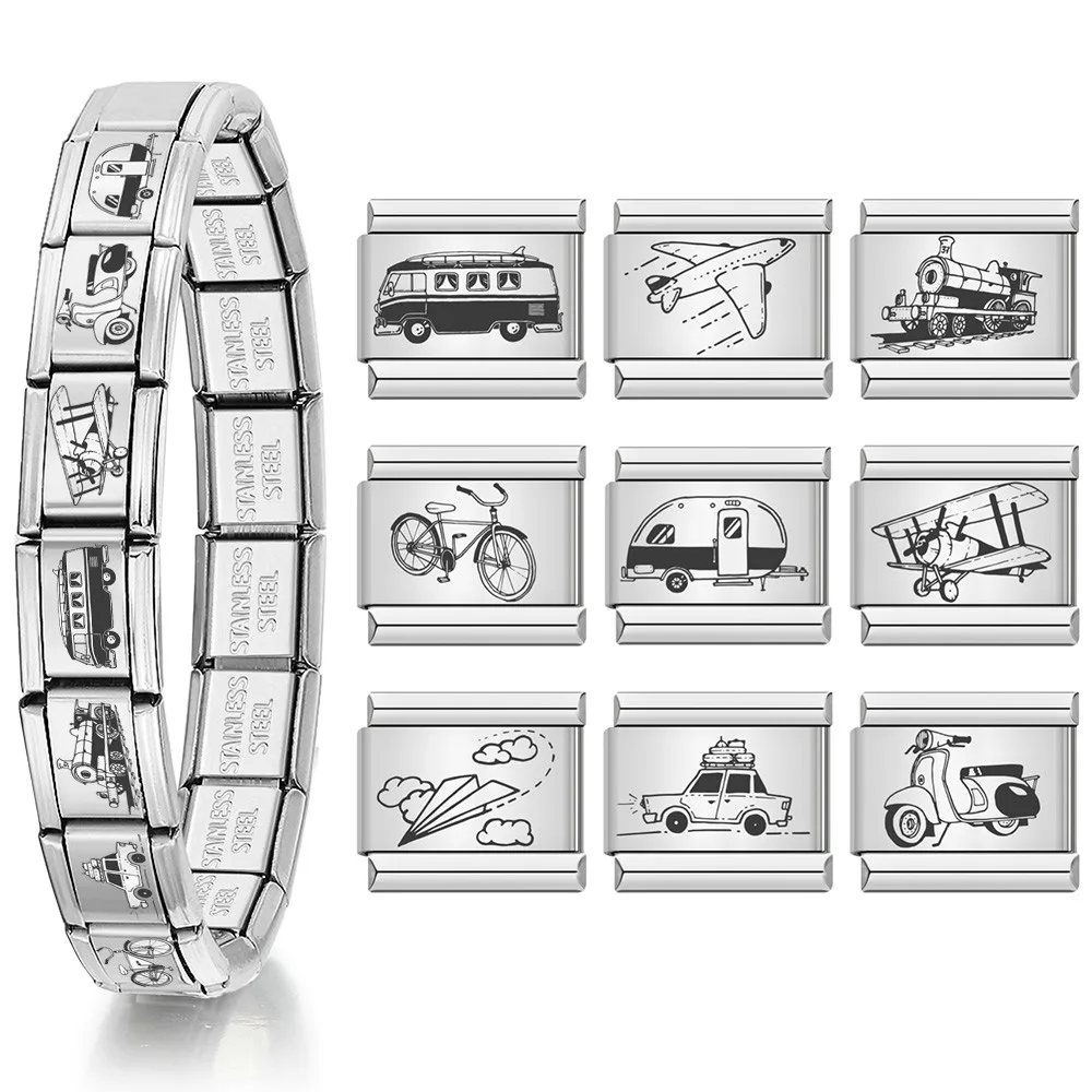 1pc Fit 9mm Italienischen Charme Armband Link Reise Fahrrad Auto Flugzeug Zug Laser Muster Edelstahl Schmuck DIY Zubehör – Detail 1