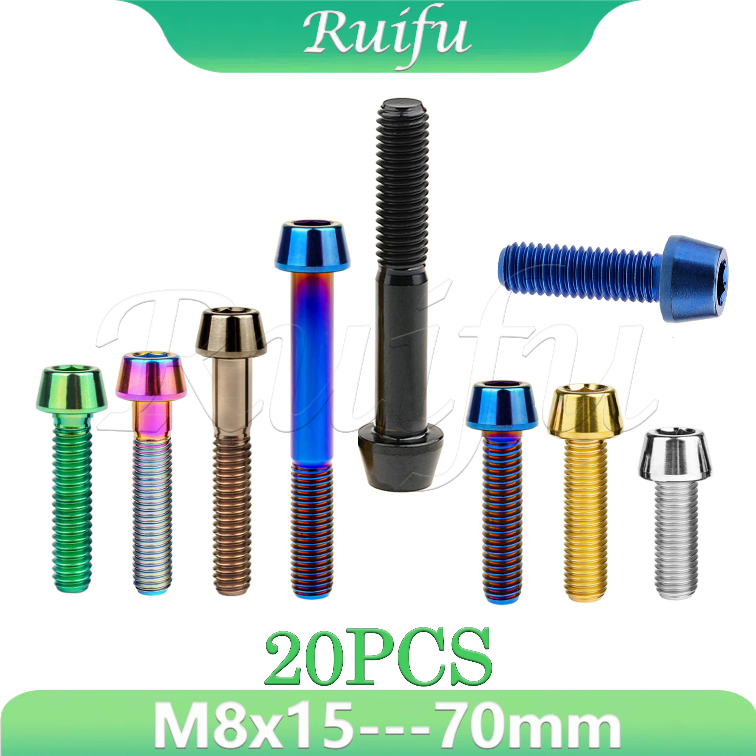 

Титановый болт Ruifu, 20 шт. M8X15 20, 25, 30, 35, 40, 45, 50, 60, 70 мм, винт с конической головкой для велосипедного выноса, подседельного штыря, детали велосипеда GR5