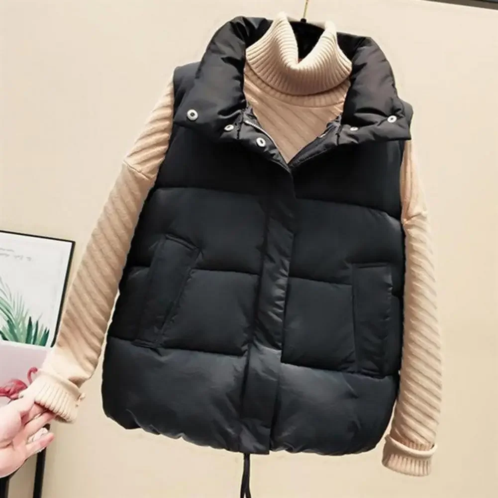 Gilet imbottito corto da donna con cerniera e colletto alla coreana, caldo cappotto imbottito senza maniche per l'autunno inverno