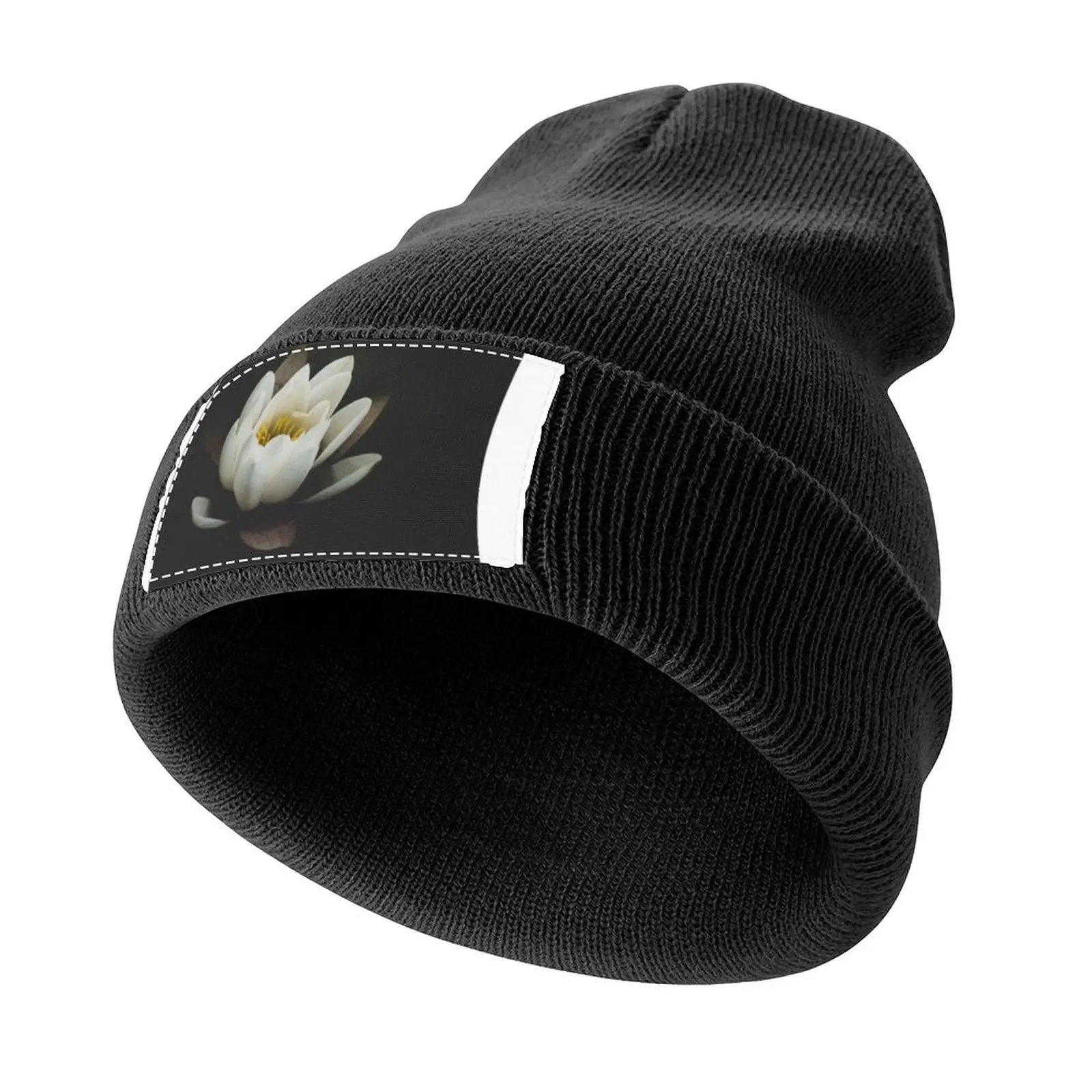 Stunning Floral Design White and Yellow Water Lilly in Lilly Pond Black Background Knitted Cap