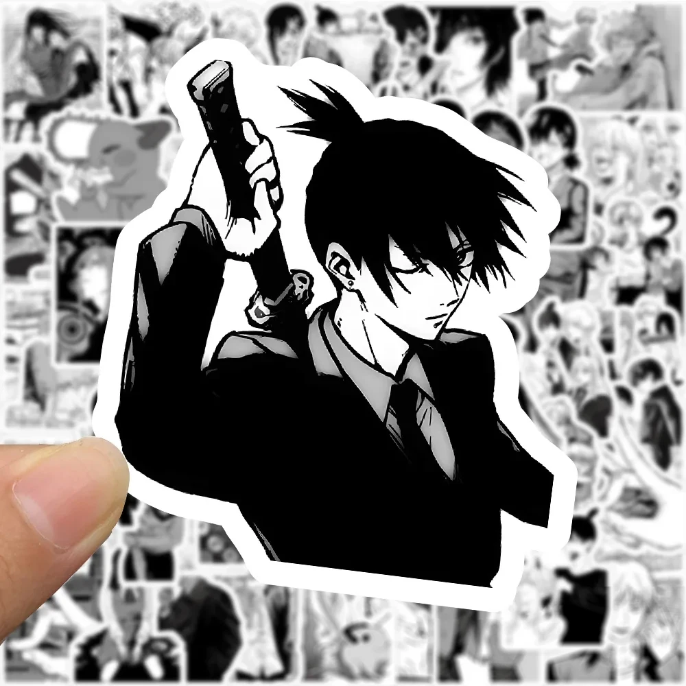 10/30/50/100 قطعة أسود أبيض بالمنشار رجل أنيمي ملصقات Skateboard بها بنفسك لوح التزلج الأمتعة خوذة الهاتف كول الكرتون الكتابة على الجدران الشارات لعبة طفل