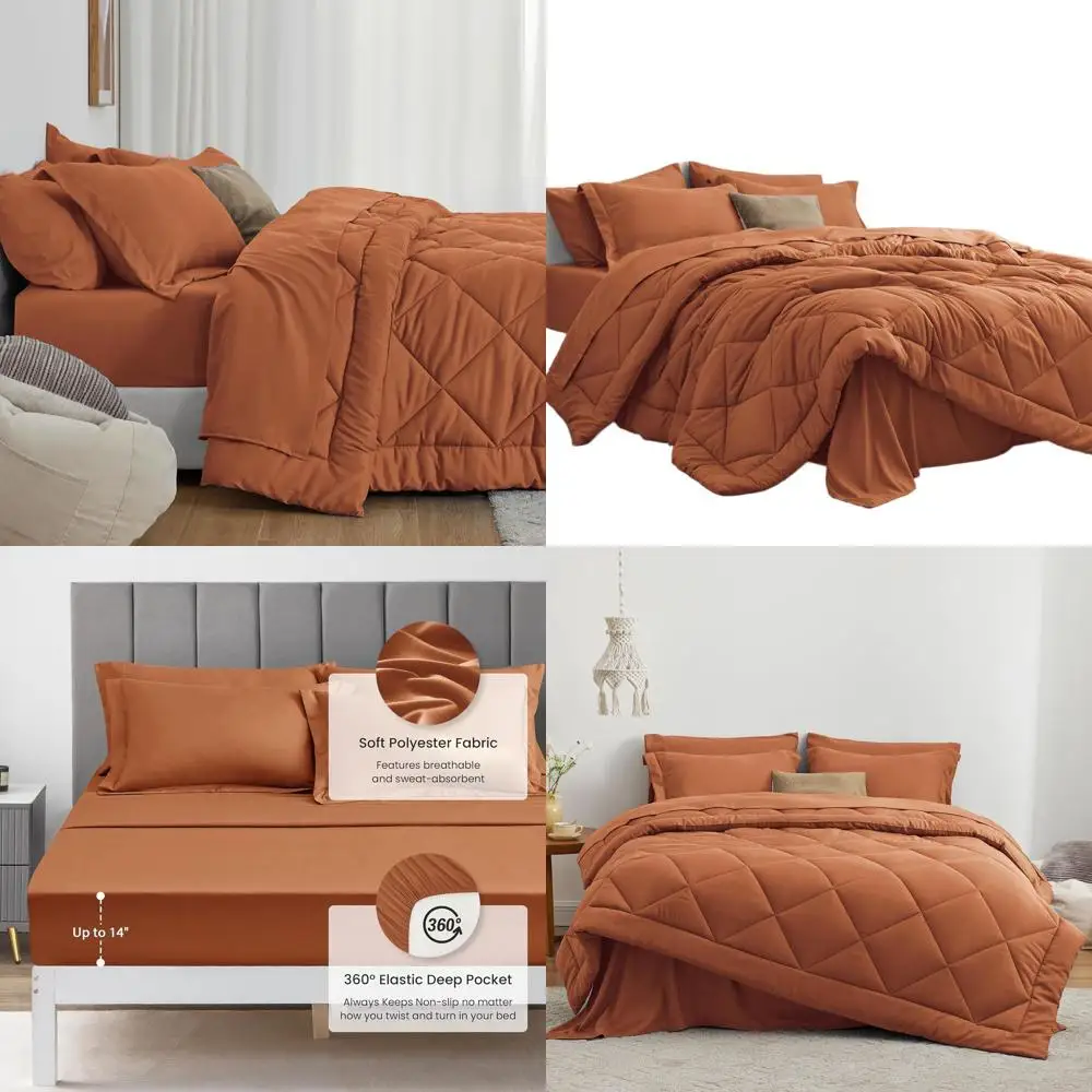 

7-Piece King Bedding Set: Terracotta Comforter, Flat & Fitted Sheets, Pillowcases & Shams for All-Season Use