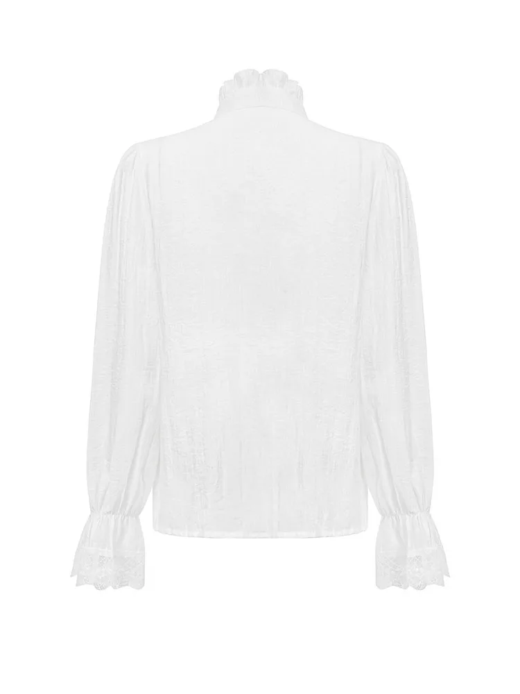 Simple Chic Blouse Ruffled Basic Lace Crop Top Flare Sleeve Elegan Office Lady Simple White Shirts 90s Mori Girl Formal Occasion