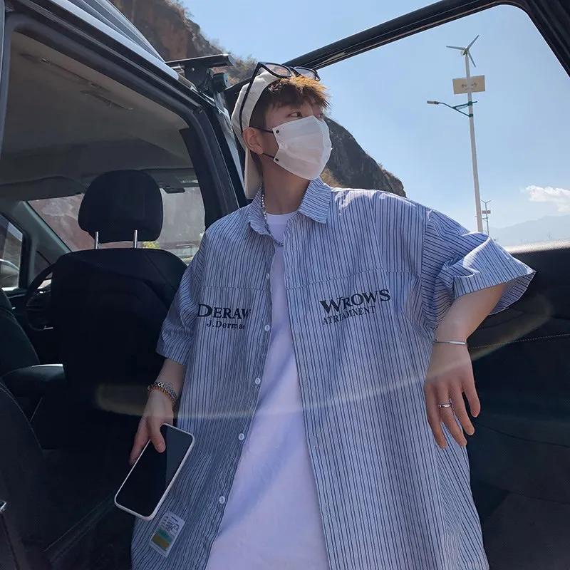 

Летняя мужская полосатая рубашка с коротким рукавом, свободного кроя, больших размеров, модная повседневная верхняя одежда от известного бренда