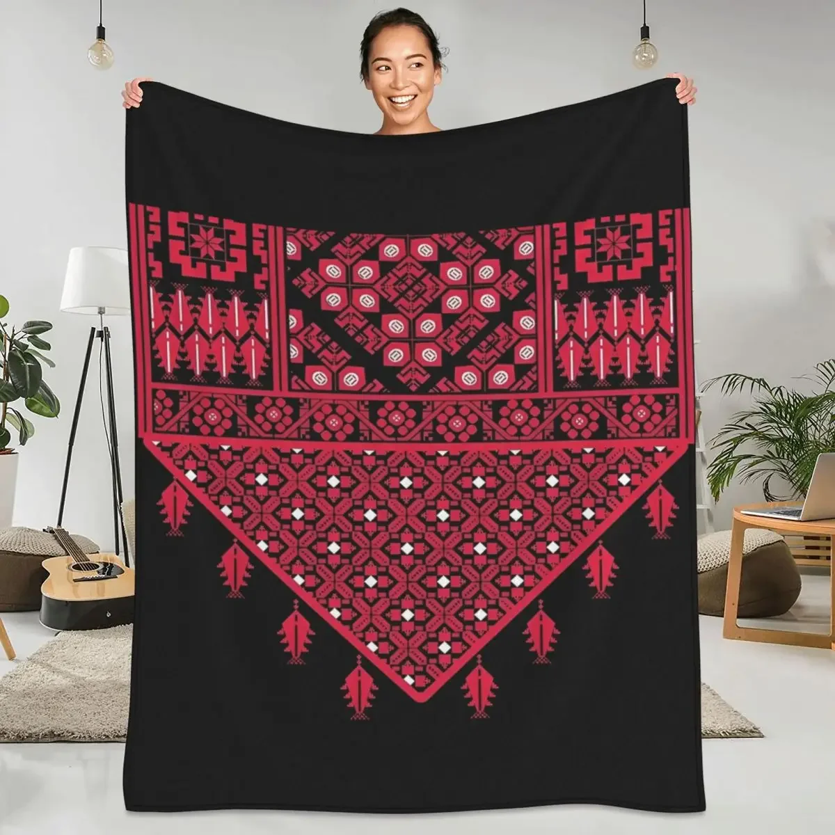 Palestinian Tatreez Cross Stitch Embroidery Arabic Blanket Palestine Travelling Flannel Throw Blanket Super Warm Bedspread