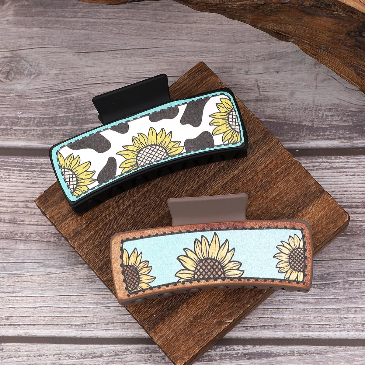 

Western Cow Print Sunflower Leather Hair Clip - Cowgirl Snap Claw Barrette