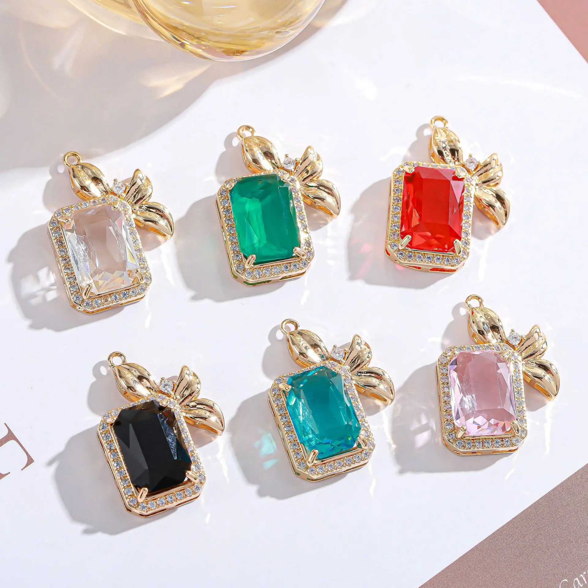 10pcs/ Bag   Hot selling copper gold-plated crystal diamond geometric square pendant DIY necklace bracelet pendant