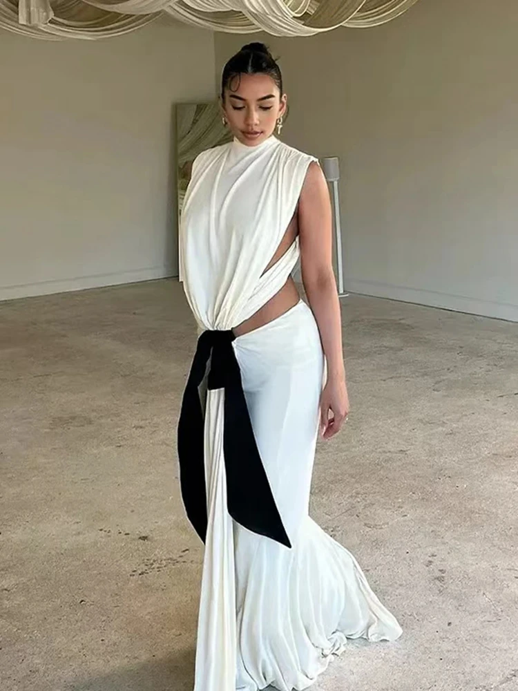 

Шикарное платье для фотосессии для беременных, платье макси без рукавов с высоким воротом и галстуком-бабочкой, элегантный наряд для беременных, эксклюзивная одежда для детского душа