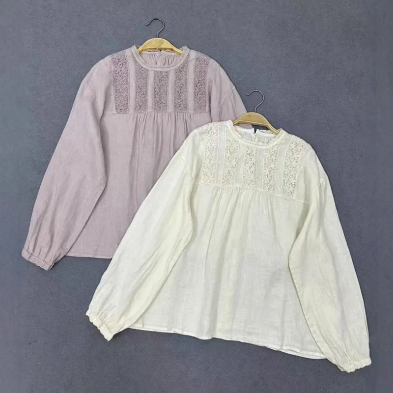 

Johnature, весенне-осенняя новая льняная рубашка с кружевным краем и круглым вырезом, свободная рубашка с длинными рукавами для женщин, повседневные винтажные женские блузки