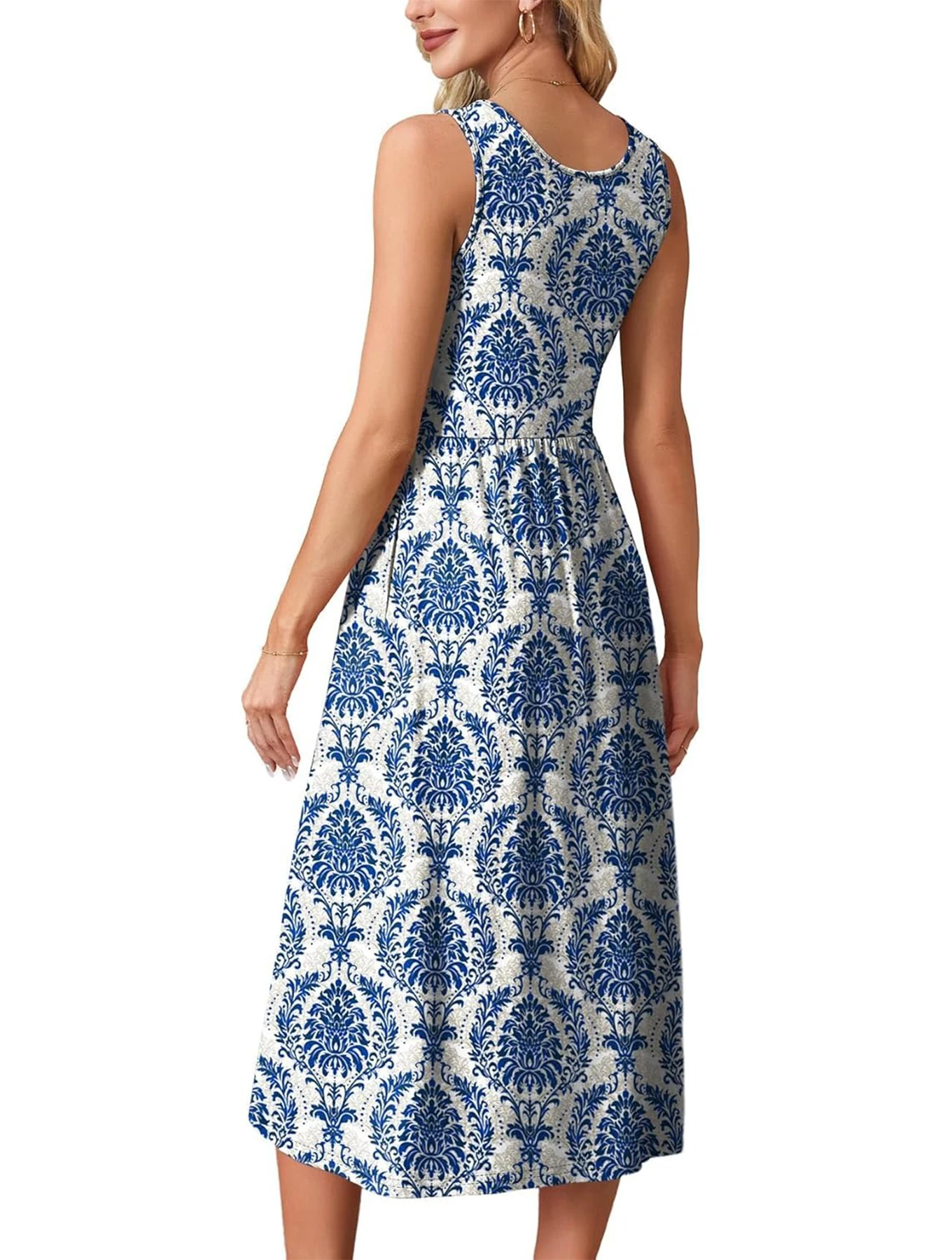 2026 Sommer Neue Kleider für Damen Bedrucktes Lässiges Midikleid Modisches Ärmelloses Rundhals-Strandkleid mit Taschen – Detail 28