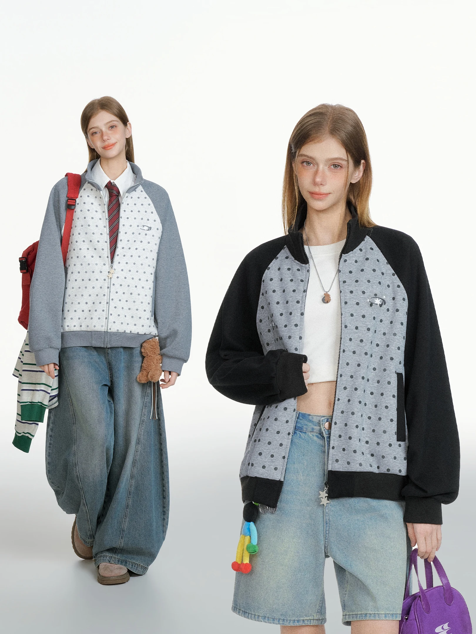 

American Sle Beetle Town Loose Sports Sweatirt Outerwear Spring 2026 Polka Dot Open Cardigan Jaet for Youth ex