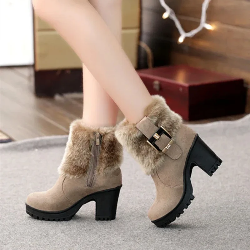 Ankle Shoes for Woman Elegant Heeled Women's Booties Snow Boots High Heels Round Toe Protective Fashion 2024 Quality Trend 39 Pu