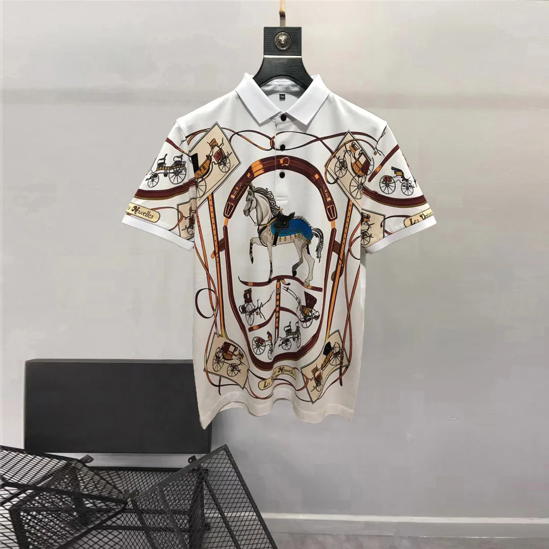 European and American men's wear summer 2022 new  Short sleeve lapel court horse print  Fashion cotton T-shirt