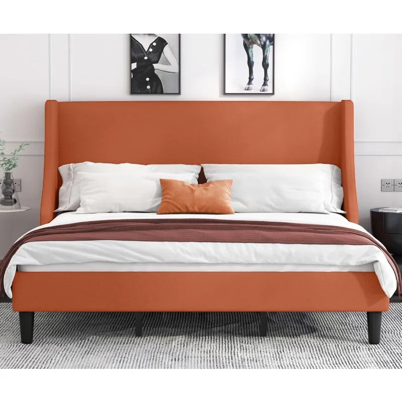 Bed Frame, Platform Bed Frame with Upholstered Headboard, Modern Deluxe Wingback, Wood Slat Support, Mattress Foundation