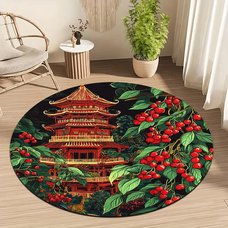 Tower and Berry Theme Flannel-printed round floor mats are slip-resistant Suitable living room bedroom terrace garden carpets