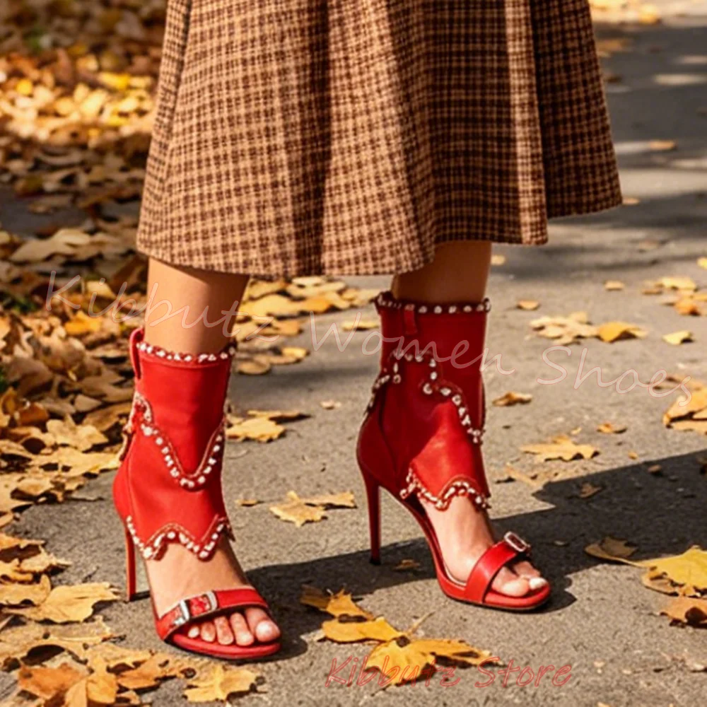 Boho Denim Sandal Women Pearl Western Ankle Boots Cowboy Zipper Patchwork Leather Open Toe Y2K Vintage Shoes Fashion Elegant New view 4